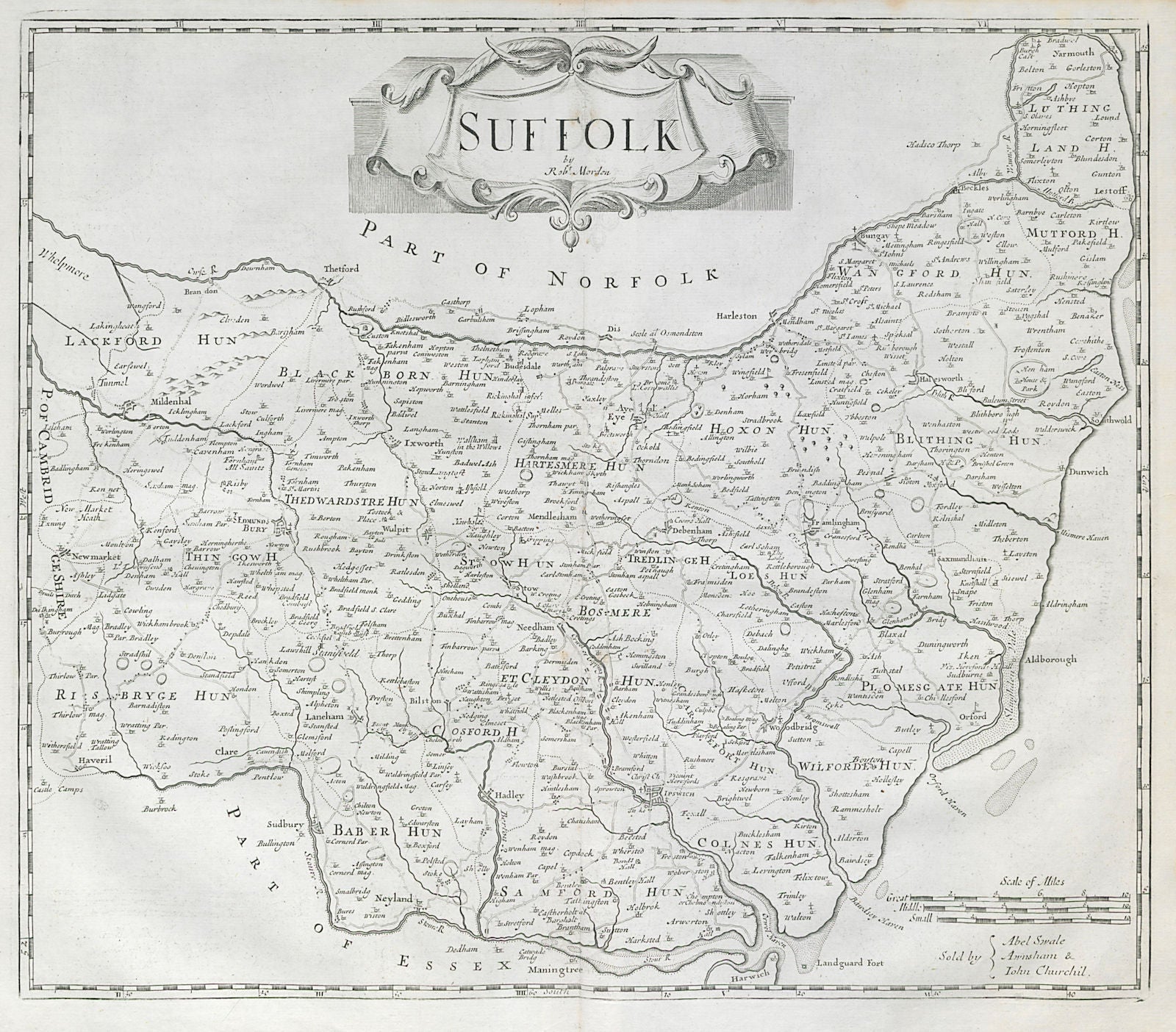 Suffolk by ROBERT MORDEN from Camden's Britannia 1722 old antique map chart